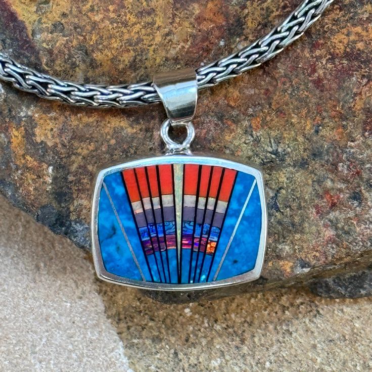 David Rosales Fancy Inlaid Pendant - **NEW DESIGN** Artisan Blue Jewelry With Inlay, Southwestern Multi-stone Pendant Jewelry, Multicolor Opal Jewelry With Natural Stones, Multicolor Natural Stones Jewelry, Southwestern Multi-stone Multicolor Jewelry, One Of A Kind Rectangular Artisan Jewelry, One Of A Kind Artisan Rectangular Jewelry, Multicolor Opal Gemstone Jewelry, Artisan One-of-a-kind Rectangular Jewelry