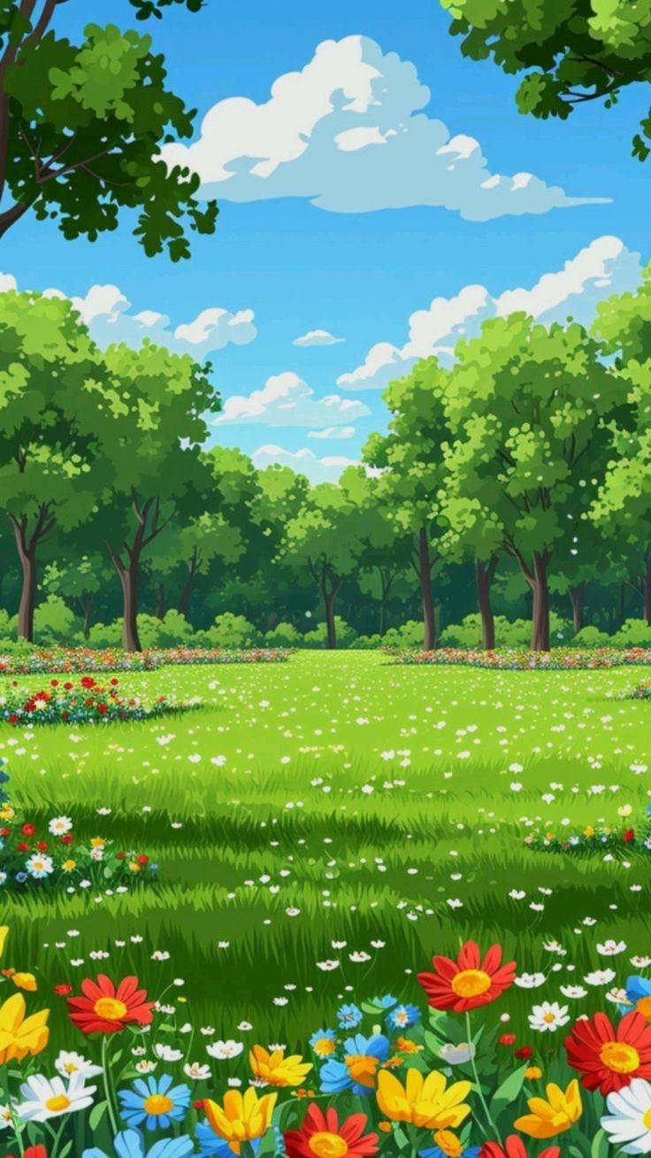 an image of a beautiful park scene with flowers and trees in the foreground illustration