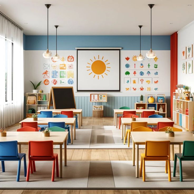 an empty classroom with desks and chairs in front of a large poster on the wall