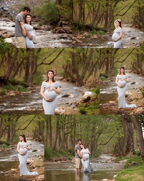 a pregnant couple standing in the middle of a river while holding each other's belly