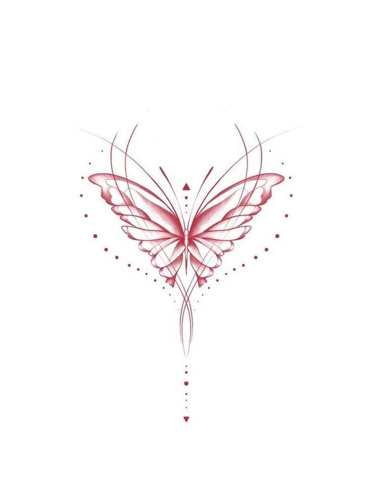 a pink butterfly tattoo design on the back of a woman's shoulder and chest