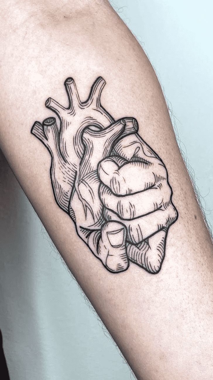 a black and white drawing of a hand holding a heart tattoo on the right arm