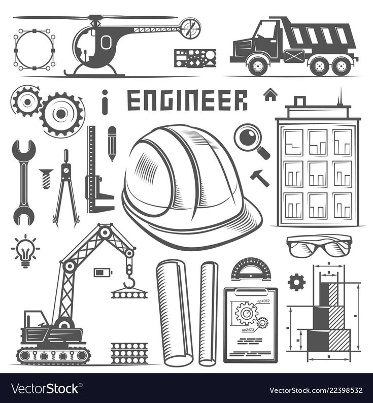 various construction tools and equipment in black and white colors on a white background with the words engineer