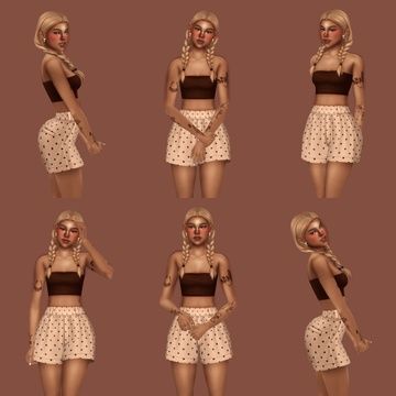 six different poses of a woman in short skirts and crop tops with polka dots on them