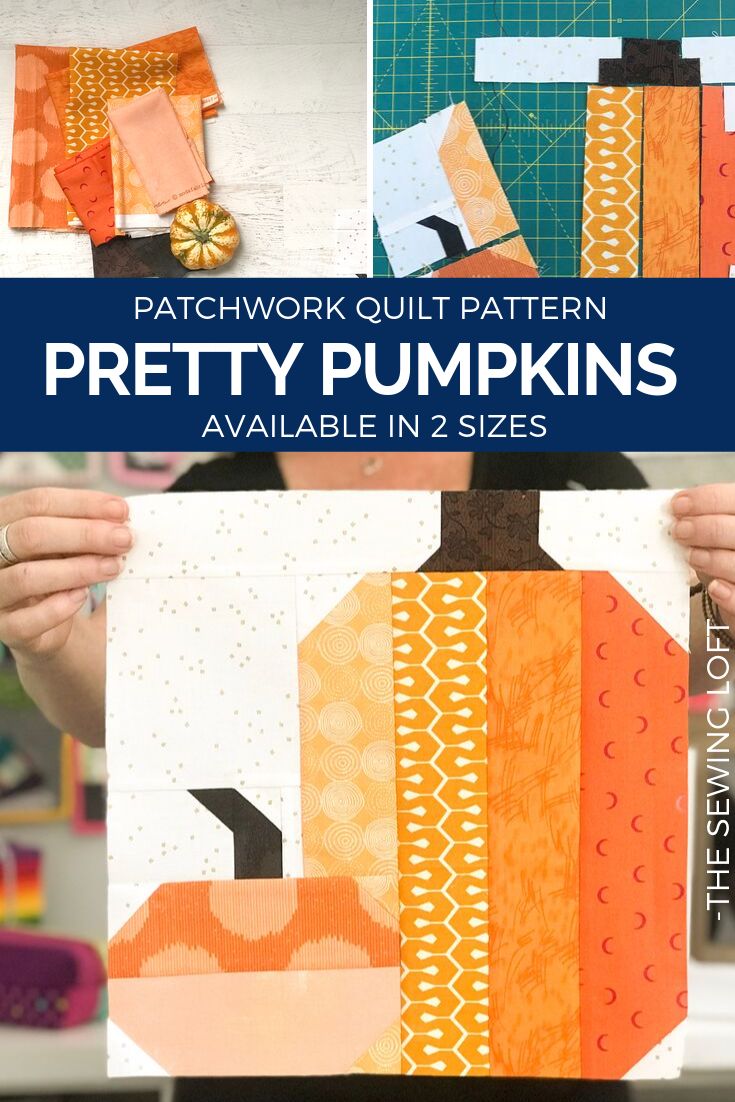 patchwork quilt pattern for pretty pumpkins available in 2 sizes - includes free patterns