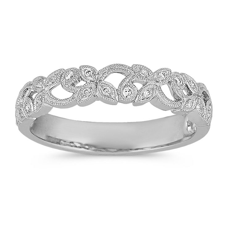 Vintage Diamond Wedding Band in Platinum | Shane Co. Classic White Gold Diamond Ring With Decorative Band, Classic Silver Diamond Ring With Decorative Band, Elegant Milgrain Diamond Ring For Wedding, Elegant Milgrain Diamond Wedding Ring, White Gold Diamond Ring With Milgrain Detail, Classic Diamond Eternity Band With Decorative Design, Elegant White Gold Eternity Band With Decorative Band, Elegant White Gold Eternity Band With Decorative Details, Elegant White Gold Diamond Ring With Decorative Band