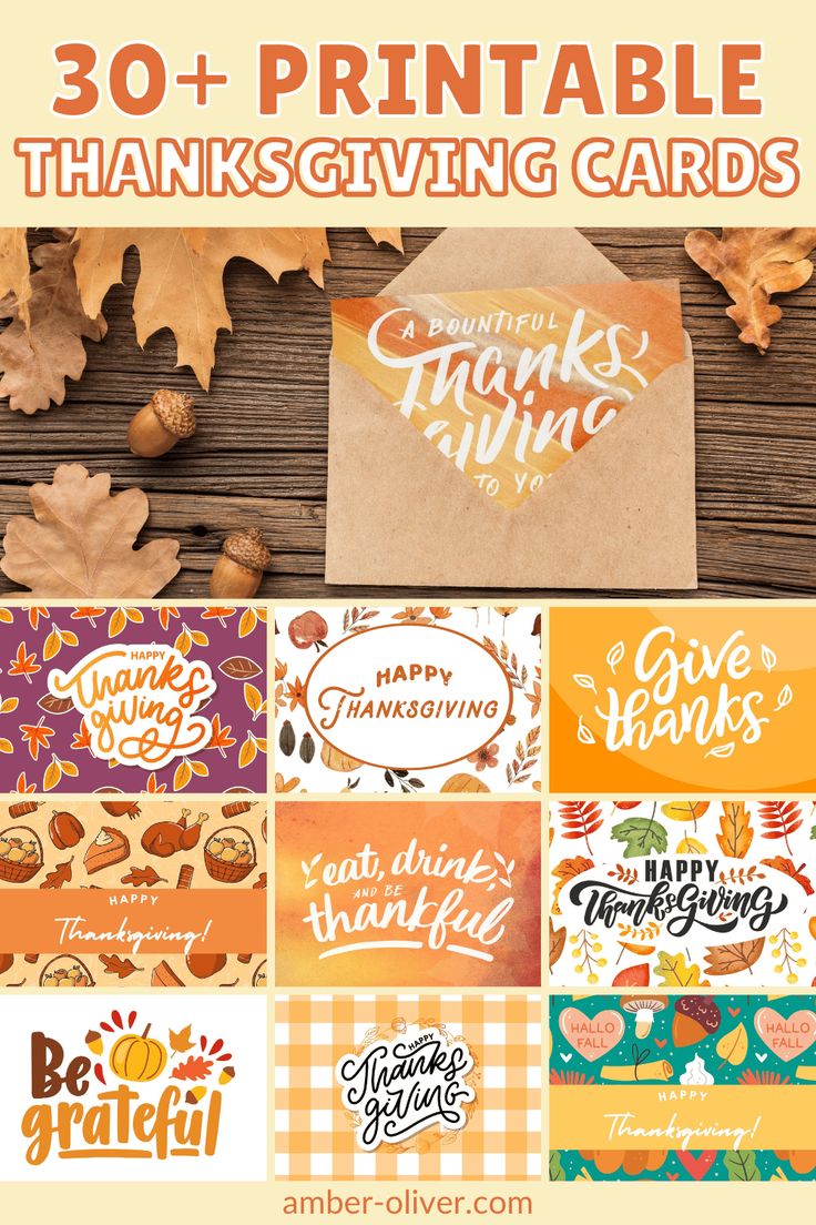 thanksgiving cards with the words 30 + printable thanksgiving cards on them and fall leaves