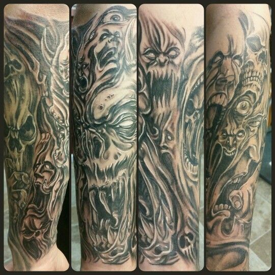 three different images of tattoos on the arms and legs, one with an evil face