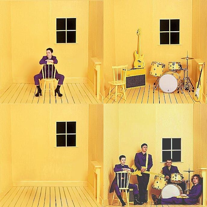 four different shots of the same person sitting in front of a yellow room with guitars and drums