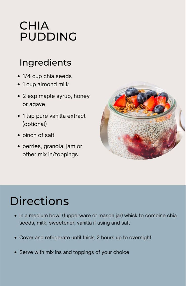 a recipe for chia pudding in a glass bowl with berries and yogurt