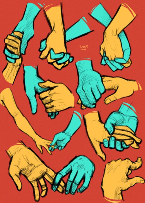 several hands are shown with different colors and shapes on them, including one holding the other's hand