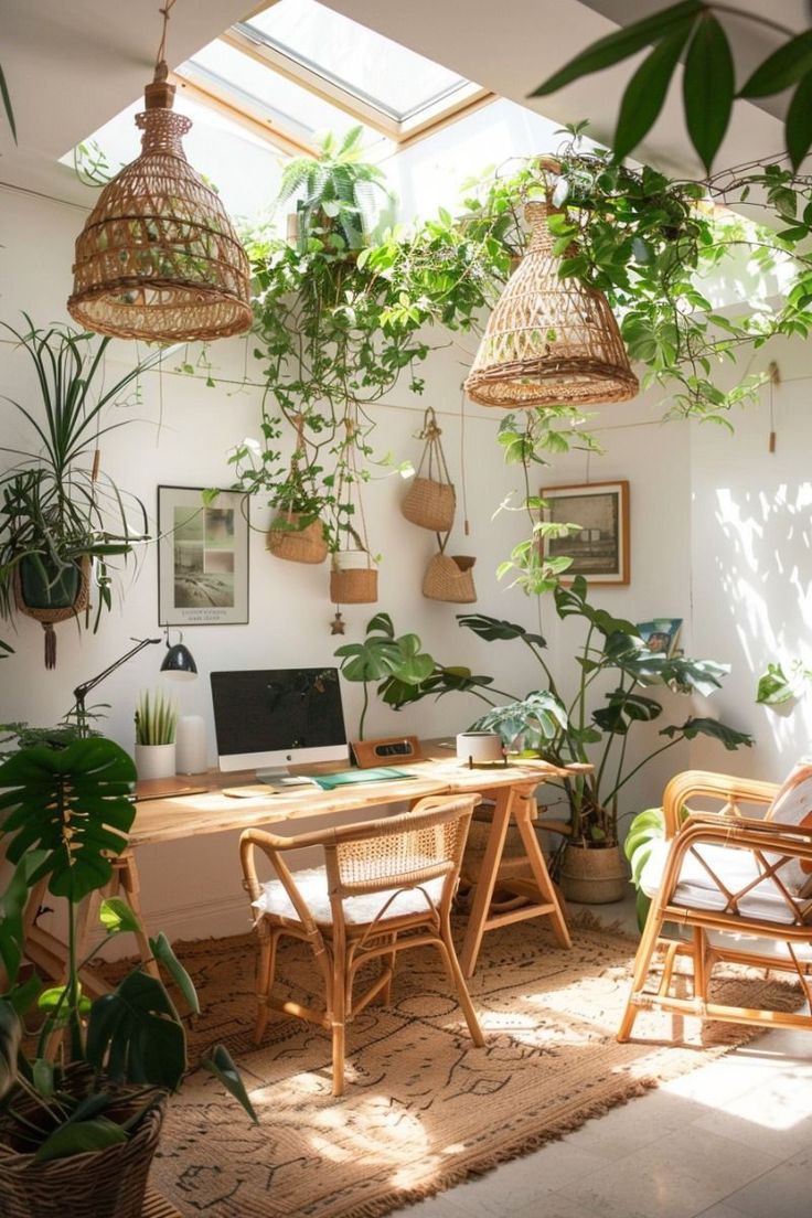 a home office with plants hanging from the ceiling and wicker chairs in front of it