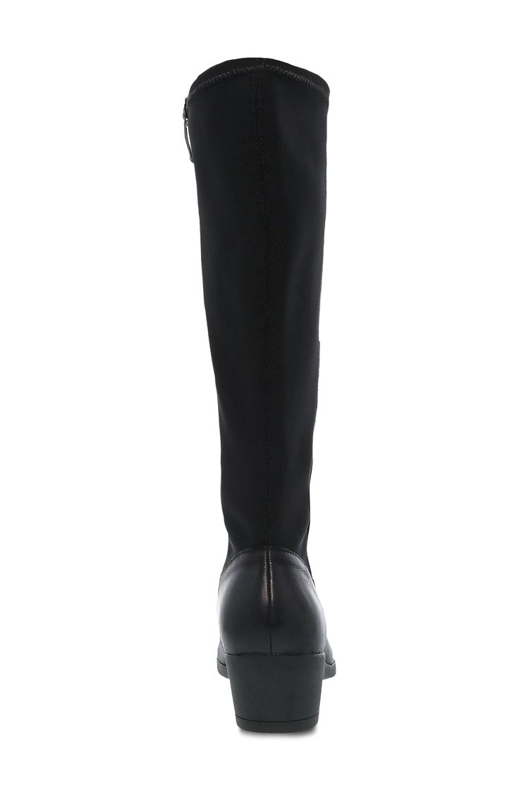 Rugged leather and contour-defining stretch fabric create an ideal fit and sleek silhouette in this knee-high boot set on an all-day-comfortable rubber sole. 1 3/4" heel, 14 1/2" shaft, 15" circumference (size 8.5) Leather and textile upper and lining/rubber sole Imported Modern Fitted Black Knee-high Boots, Modern Black Fitted Knee-high Boots, Fitted Tall Black Knee-high Boots, Black Knee-high Boots With Zipper Closure, Fall Synthetic Knee-high Boots, Knee-high Heeled Boots In Polyurethane, Wide Calf Synthetic Knee-high Boots With Reinforced Heel, Fitted Knee-high Synthetic Heeled Boots, Fitted Synthetic Knee-high Boots For Workwear