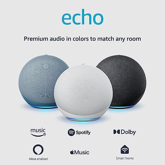 an advertisement for the echo music system with three different colors and sizes, including two speakers