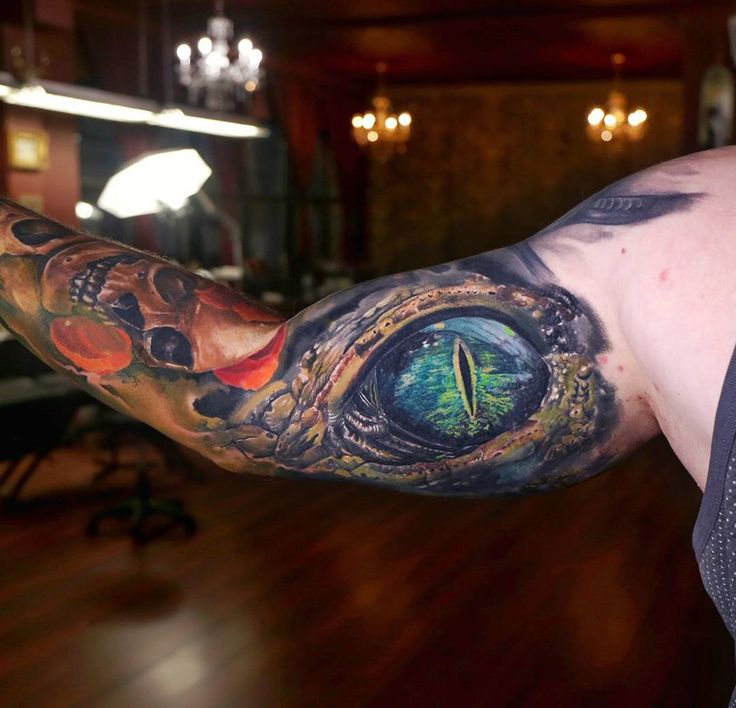 a man's arm with an eye tattoo in the center and other tattoos on it