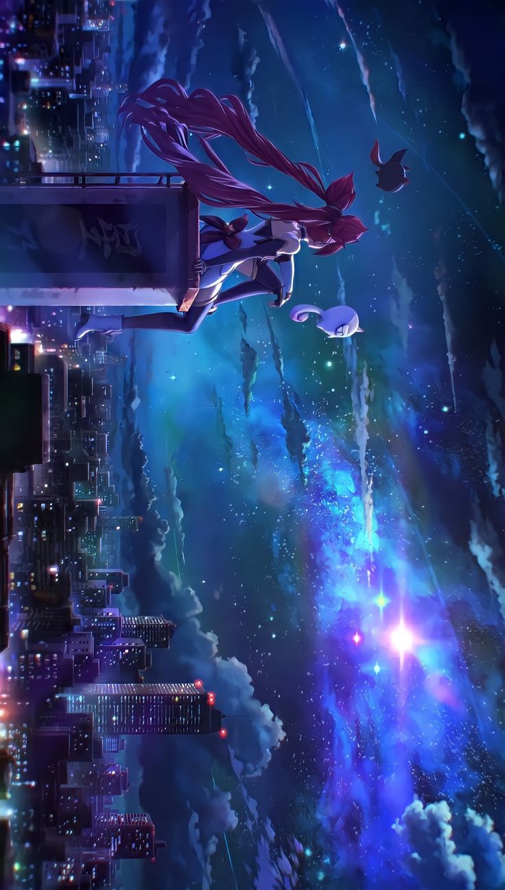 an animated image of a woman flying through the air over a city with tall buildings