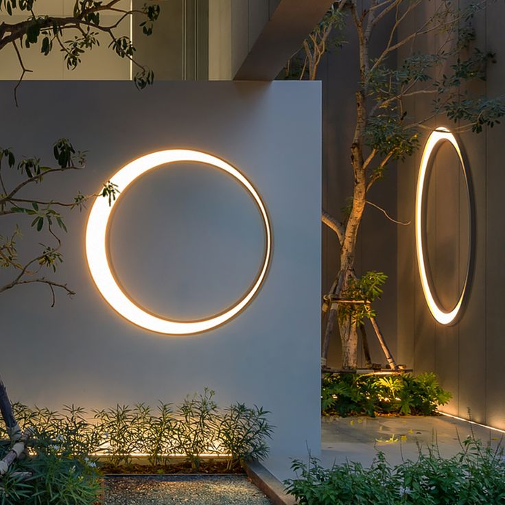 a white wall with a circular light on it and some plants in front of it