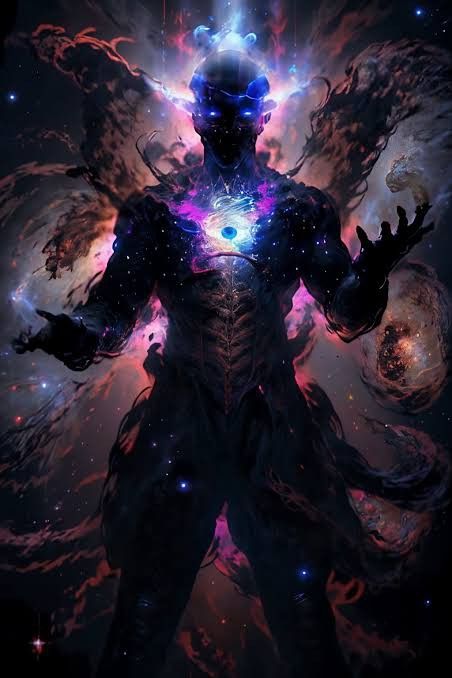 an image of a man with his hands out in front of the stars and planets