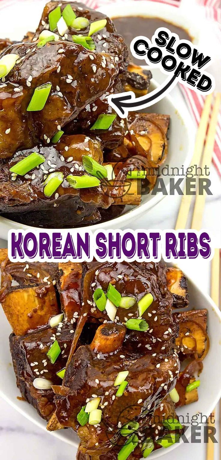 korean short ribs with sesame seeds and green onions on top, served in a white bowl