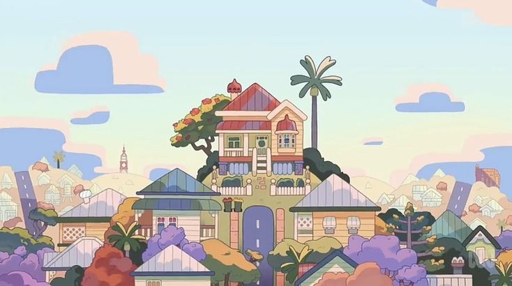 an animated city with lots of houses and trees