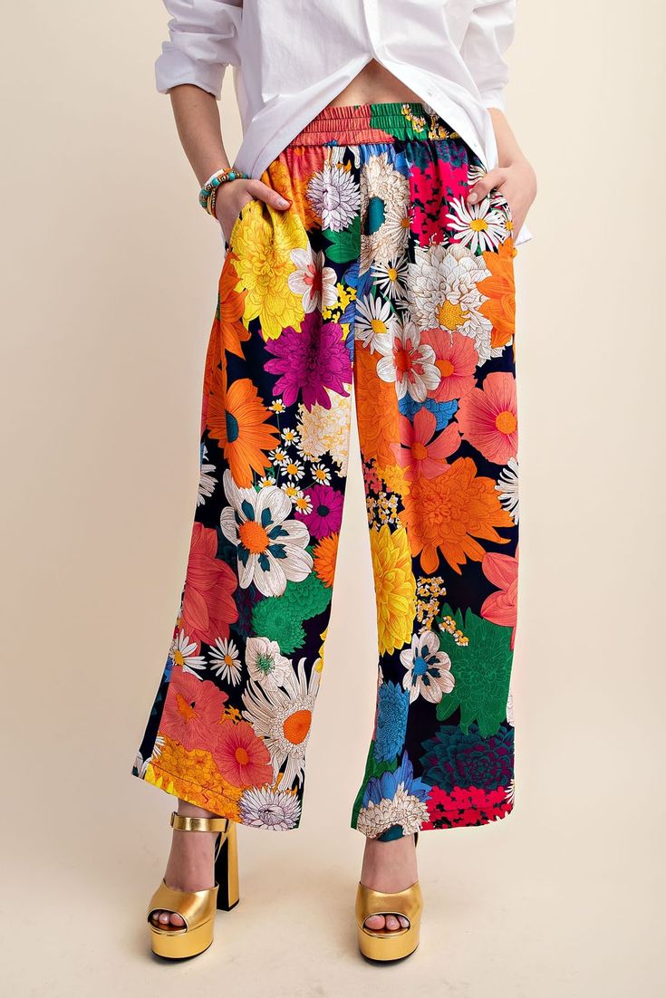 Vibrant Floral Print Elastic Waist Pants High-waist Multicolor Floral Print Pants, Multicolor Floral Print Ankle-length Pants, Stretch Wide-leg Floral Print Pants, Summer Floral Print Wide-leg Harem Pants, Non-stretch Floral Print Harem Pants, Elastic Waist Pants, Floral Pants, Waist Pants, Gold Fashion