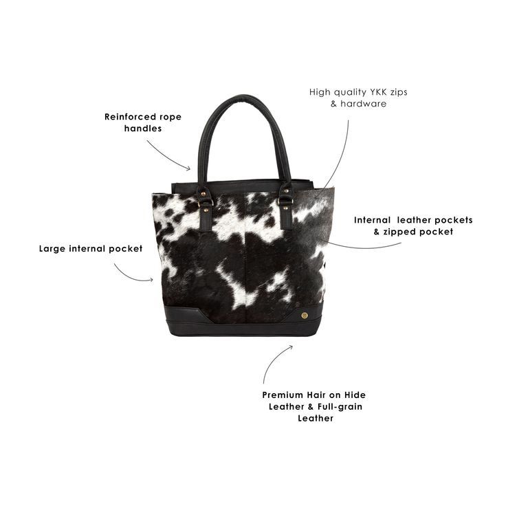 Our Animal Print Florence Tote in Black and White pony hair with Ebony Black full grain leather details is a relaxed and stylish solution to store your daily essentials for both work and leisure. black and white cowhide tote bag, tote bag for women, cowhide tote bag, tote bag for mum, mothers day gift White Cow Print, Leather Holdall, Embroidered Initials, Leather Apron, Leather Workshop, Sustainable Leather, Leather Artisan, White Cow, Animal Prints Pattern