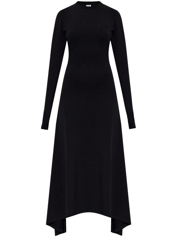 black cotton blend stretch-design embroidered logo to the rear long sleeves asymmetric hem ankle-length Sleek Long Sleeve Maxi Dress, Elegant Winter Dresses With Side Slits, Black Maxi Dress With Side Slits For Fall, Fall Maxi Dress With Side Slits, Winter Maxi Dress With Side Slits, Black Maxi Dress With Side Slits For Work, Black Midi Dress With Long Sleeves And Side Slits, Black Long Sleeve Midi Dress With Side Slits, Black Cotton Long Sleeve Maxi Dress