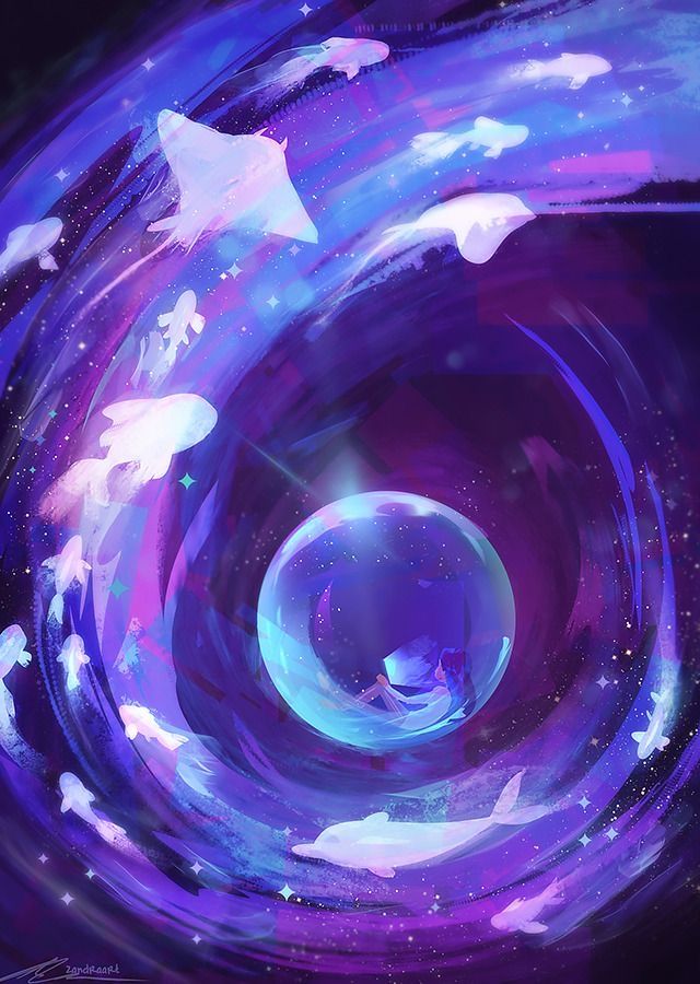 an abstract painting with blue and purple colors