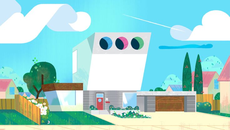 an animated image of a house with trees and clouds in the background