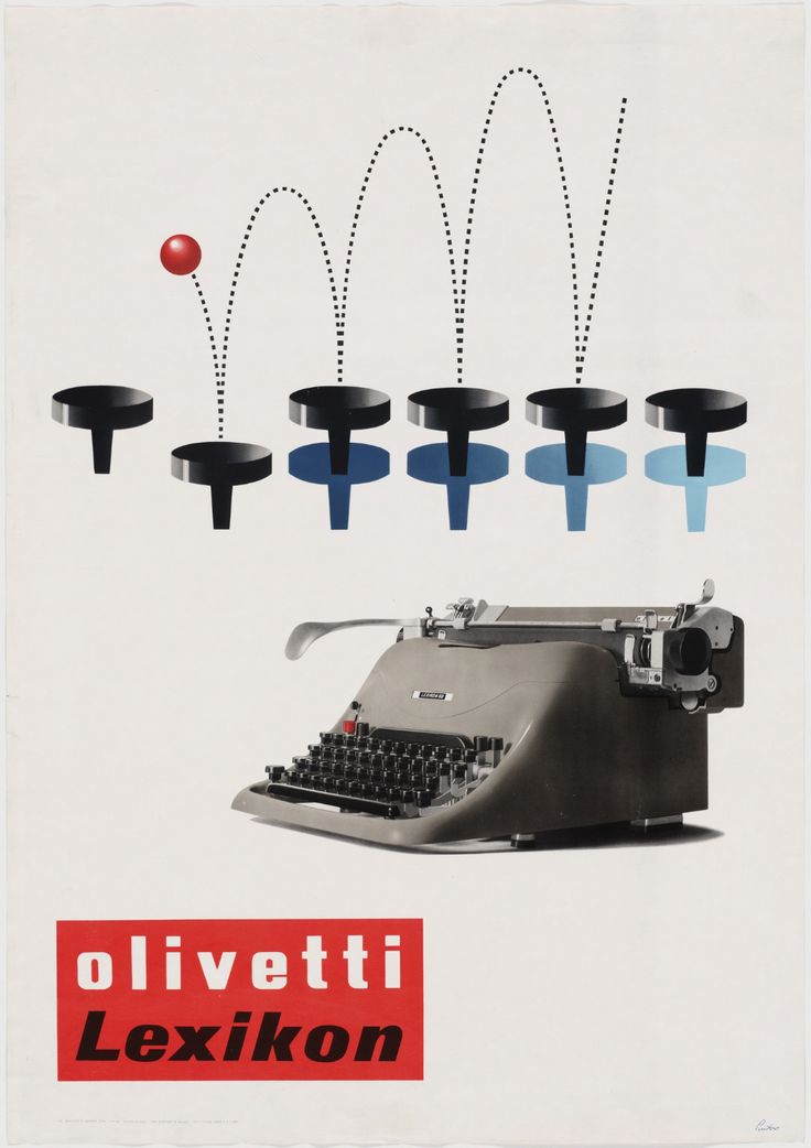 an old typewriter is surrounded by blue and red circles, with the words ollvettti lexikon on it