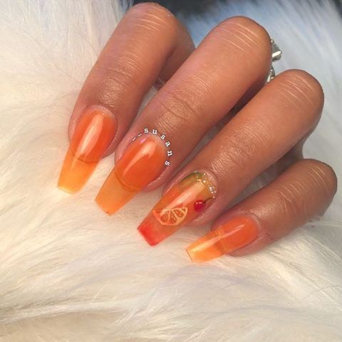 5 days ago Orange Jelly Nails, Coral Nails Glitter, Spring Break Nails Acrylic, Oval Acrylic Nails, Orange Nail Art, Orange Acrylic Nails, Orange Jelly, Lemon Nails, Nail Glam