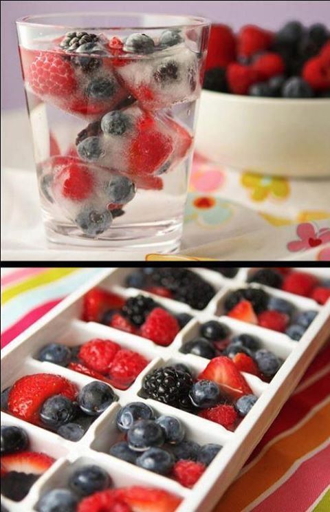 two pictures of berries, raspberries and blueberries in ice cubes