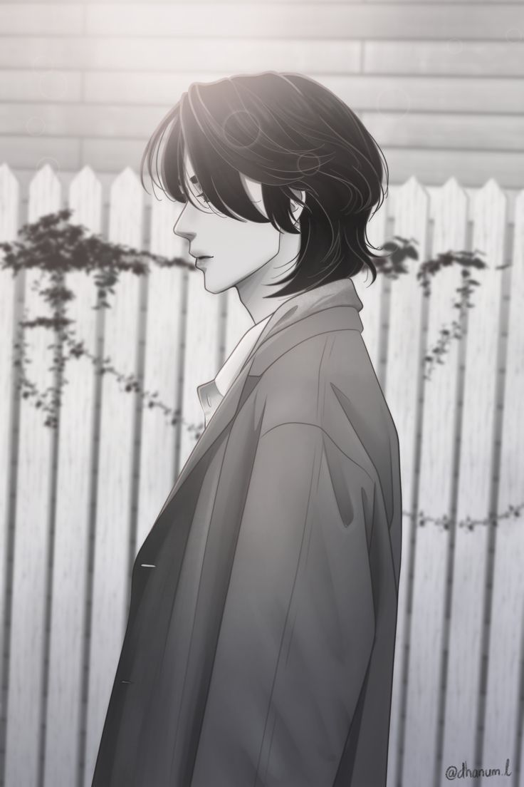 an anime character standing in front of a fence with his head turned to the side