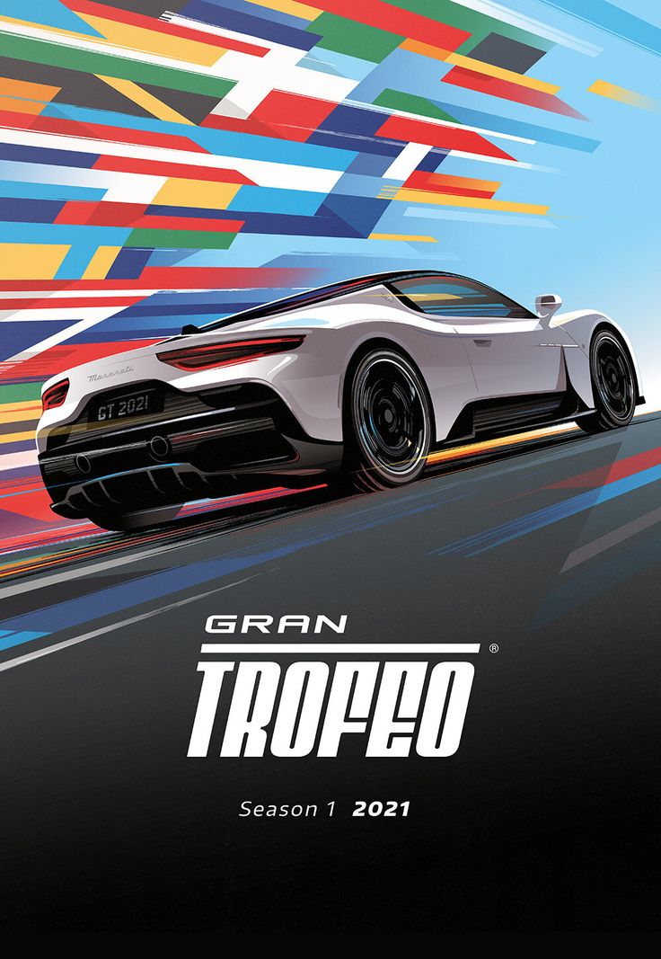 the poster for gran tropeo shows a white sports car driving through colorful lines