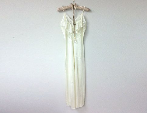 FREE U.S. SHIPPING!! Beautiful and elegant vintage Gilead brand, romantic and feminine lace,  nylon, and satin cream, off white maxi dress, slip dress, with sheer white lace ruffle panel front and thin tubular satin spaghetti straps. Gorgeous feminine design.  Has a classic, ladylike, boudoir ... Ivory Slip Dress, Off White Maxi Dress, Dress Slip, Lace Slip Dress, Lace Slip, Dress Gown, White Maxi, Feminine Design, Vintage Lingerie