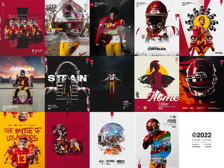 several different sports posters are shown in multiple colors and sizes, including red, yellow, white, and blue