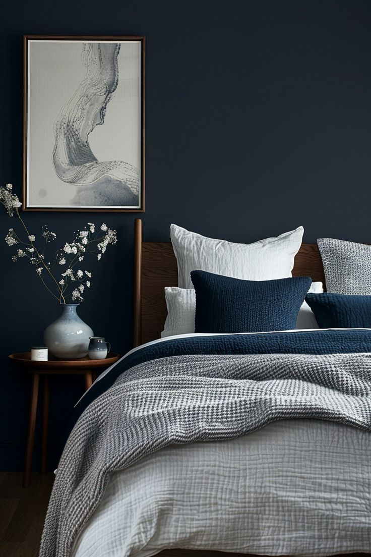 a bed with blue and white linens in a dark colored room next to a painting on the wall