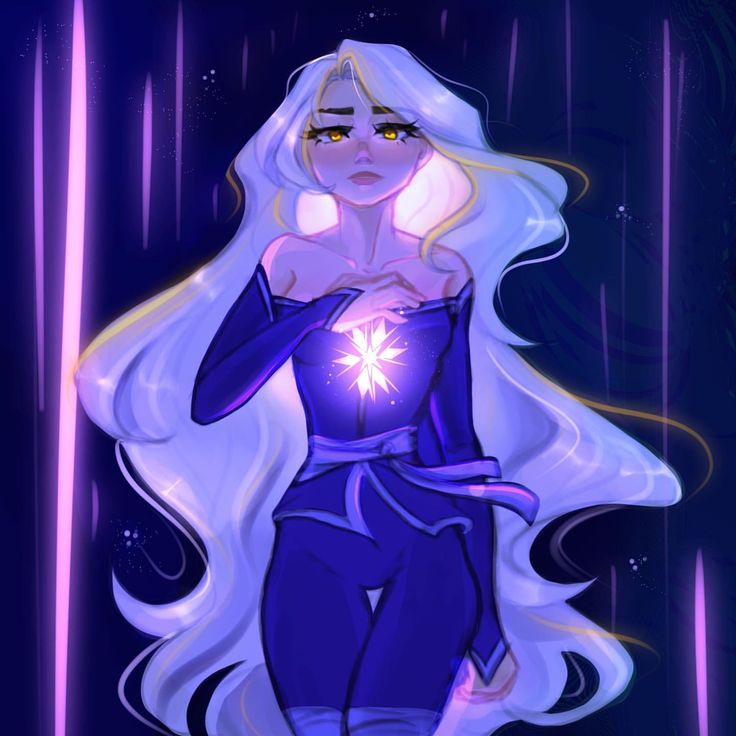 a drawing of a woman with long white hair wearing a purple outfit and glowing eyes