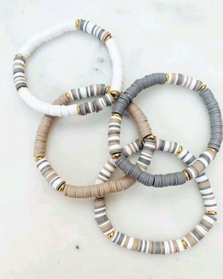 Clay Bead Bracelets - Etsy Cheap White Polymer Clay Beaded Bracelets, Neutral Beads Bracelets, Aztec Clay Bead Bracelet, Colorful Heishi Bracelet, Beaded Bracelets Neutral Colors, Neutral Jewelry Aesthetic, Flat Beaded Bracelet Ideas, Clay Bead Bracelet Ideas For Women, Clay Bracelets Color Combos