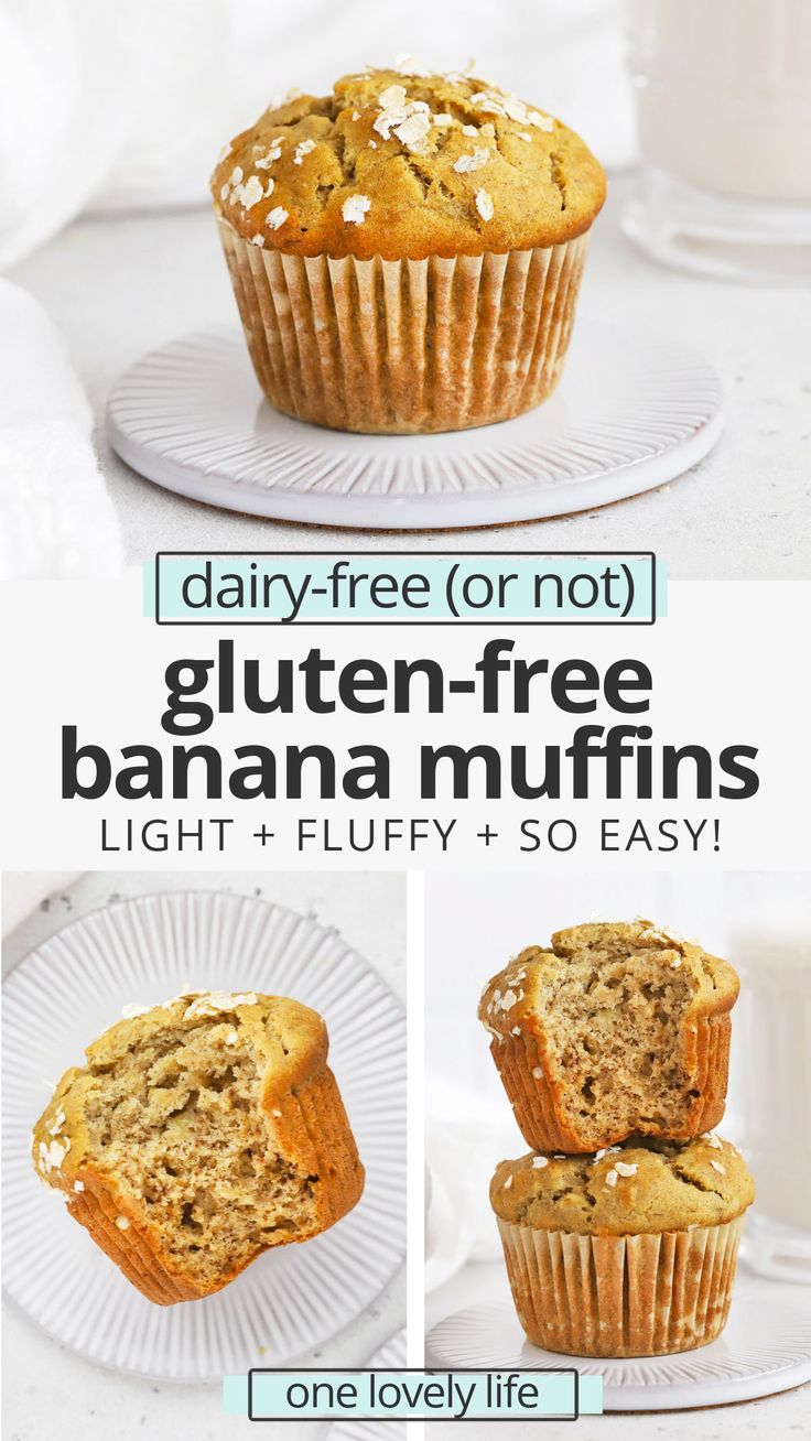 banana muffins on a plate with text overlay that reads dairy - free or not gluten - free banana muffins light + fluffy + so easy