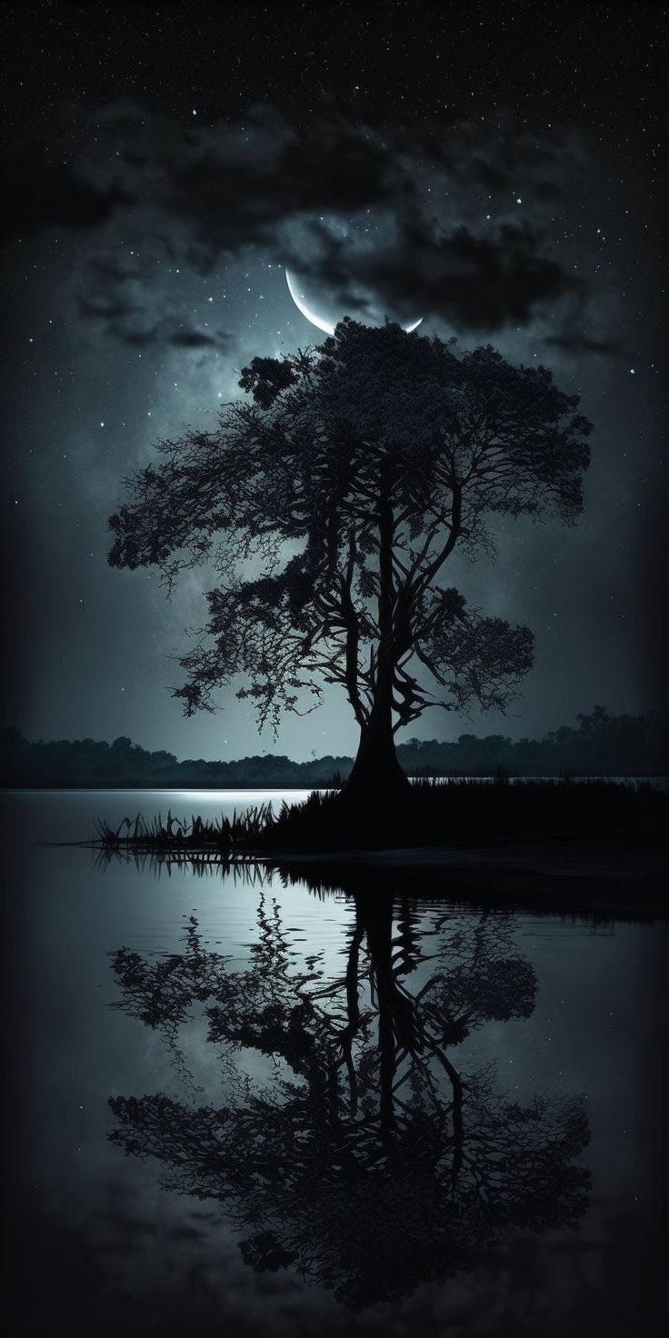 a tree that is sitting in the water at night with a full moon behind it