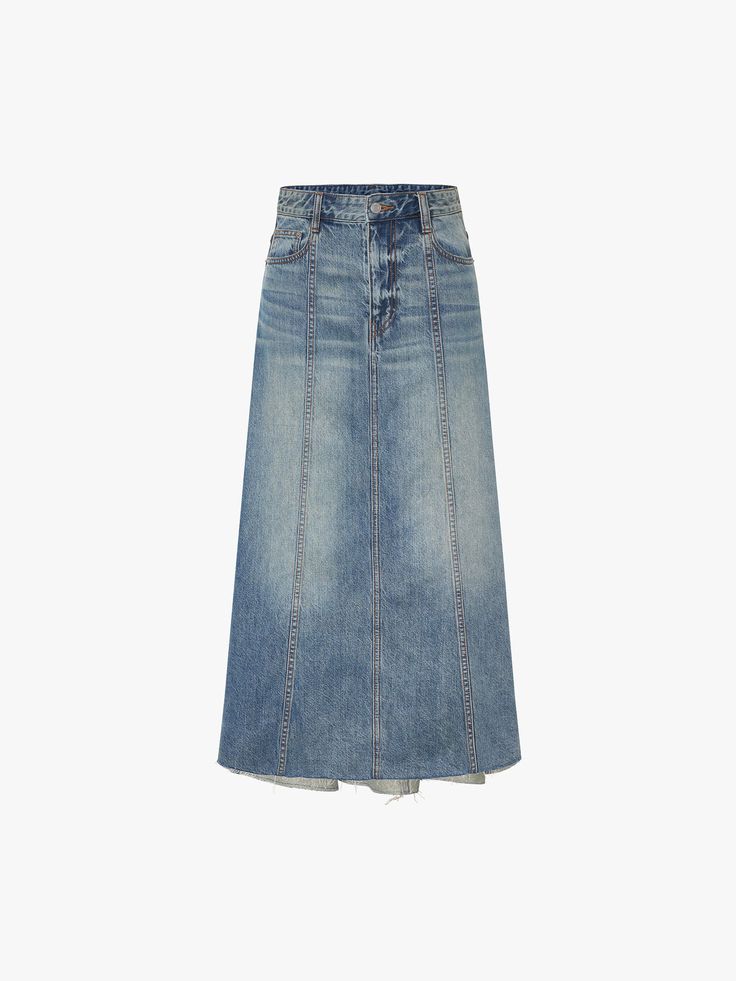 MO&Co. Women's A-line Maxi Denim Skirt This denim skirt is expertly crafted from comfortable cotton, offering a lightly faded blue wash and raw hem for a trendy touch. Its A-line maxi silhouette adds a flattering and versatile option to any wardrobe. Pair with our knit cardigan for a stylish look. Features : - High waist A-line maxi silhouette- Seams detail and raw hem- Zip fly, Side pockets Code: MBD3SKT027The back length of size S is 91.5cmMATERIALS & CARE Material: 100% CottonPlease put it in Denim Blue Full-length Maxi Skirt, Blue Denim Full-length Maxi Skirt, Full Length Non-stretch Denim Blue Denim Skirt, Full-length Denim Blue Skirt With Frayed Hem, Maxi Denim Skirt, Denim Blue Straight-leg Denim Skirt With Button Closure, Denim Skirt Outfits, Denim Maxi Skirt, Mesh Bag