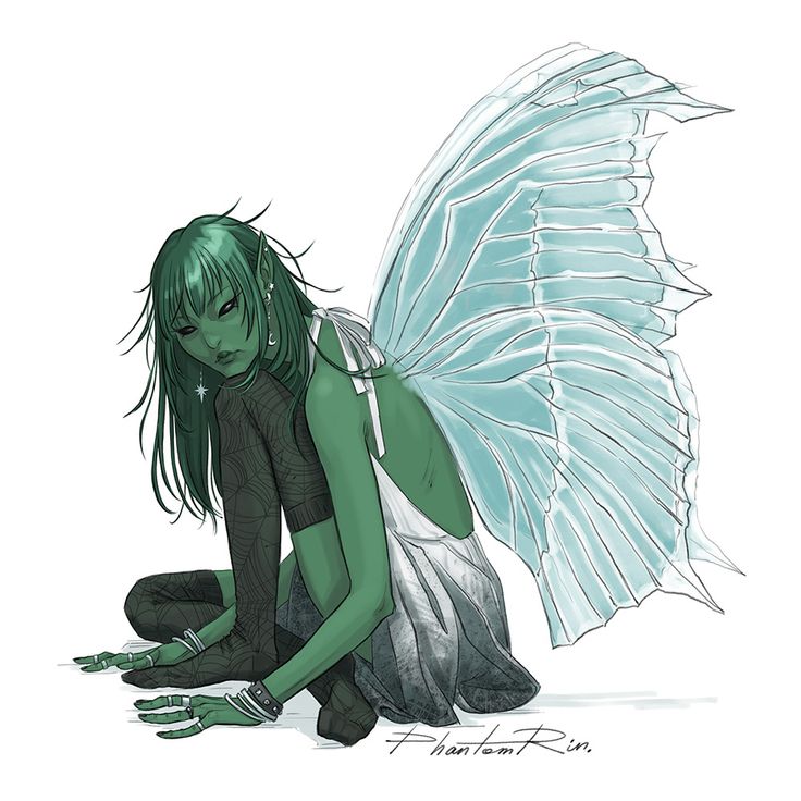 a drawing of a green fairy sitting on the ground