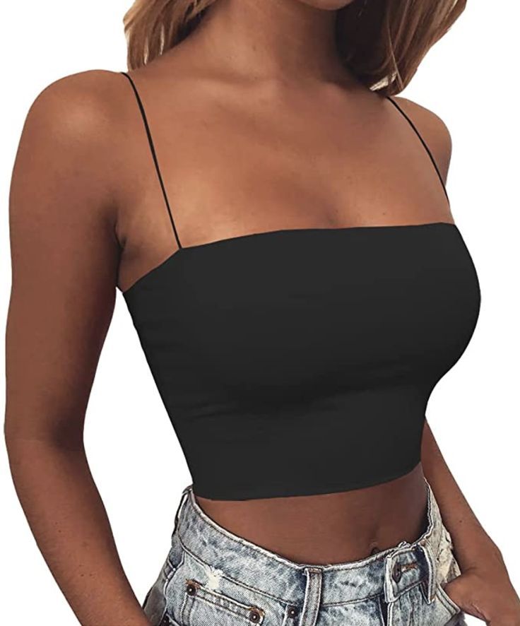 Black Spaghetti Strap Top Outfit, Basic Crop Top Outfits, Spaghetti Top Outfit, Spaghetti Strap Top Outfit, Strap Tops Outfit, Black Spaghetti Top, Tube Top With Straps, Sleeveless Top Outfit, Basic Crop Tops