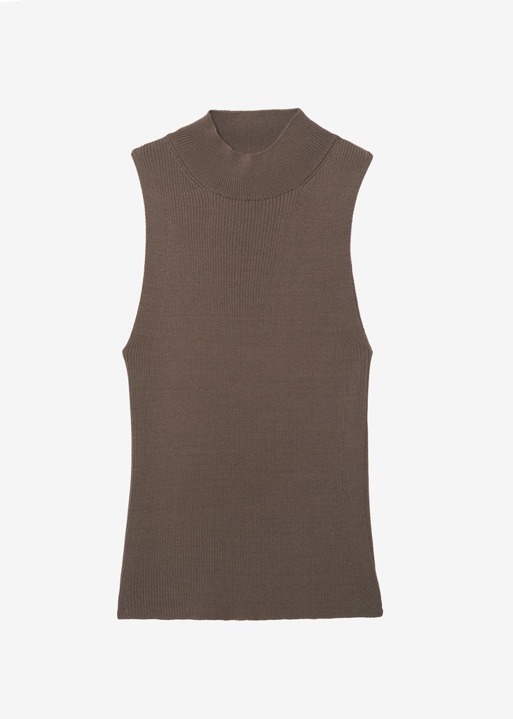 Shelby Mock Neck Tank - Brown Classic Sleeveless Ribbed Top, Chic Ribbed Turtleneck Tank Top, Stretch Knit High Neck Tank Top, High Neck Stretch Knit Tank Top, Classic Ribbed Sleeveless Vest, Solid Ribbed High Neck Tank Top, Solid High Neck Ribbed Tank Top, Solid Ribbed Sleeveless Sweater Vest, Ribbed Sleeveless Sweater Vest