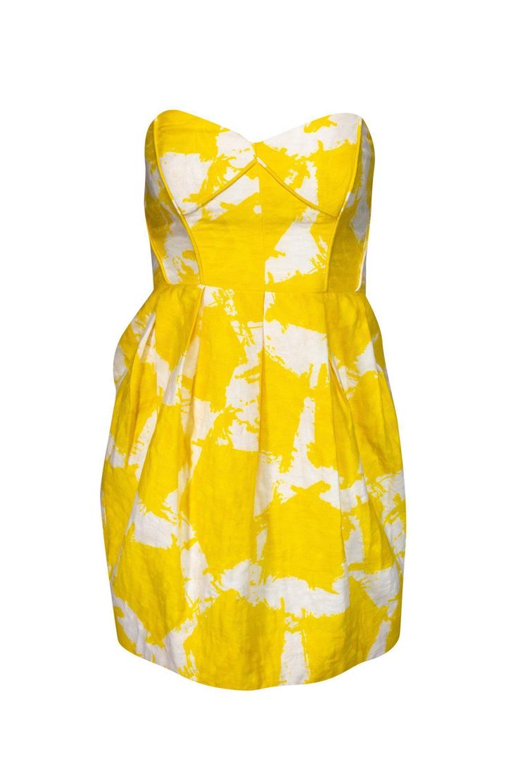 Current Boutique-Shoshanna - Yellow Floral Strapless Dress Sz 4 Chic Pleated Strapless Dress For Summer, Yellow Cotton Party Dress, Yellow Strapless Dress With Fitted Bodice, Strapless Mini Dress With Pleated Bodice For Spring, Chic Yellow Fitted Strapless Dress, Spring Strapless Mini Dress With Pleated Bodice, Yellow Summer Dress With Sweetheart Neckline, Yellow Fitted Strapless Dress For Spring, Yellow Dress With Fitted Bodice For Summer