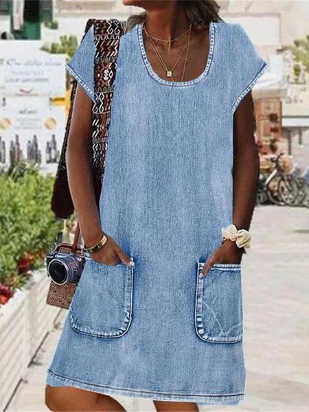 Denim Scoop Neck Plain Casual Dress | justfashionnow Dress Name, Midi Shift Dress, Short Dresses Casual, Short Sleeve Mini Dress, Basic Dress, Dresses By Length, Loose Dress, Types Of Dresses, Mini Dress With Sleeves