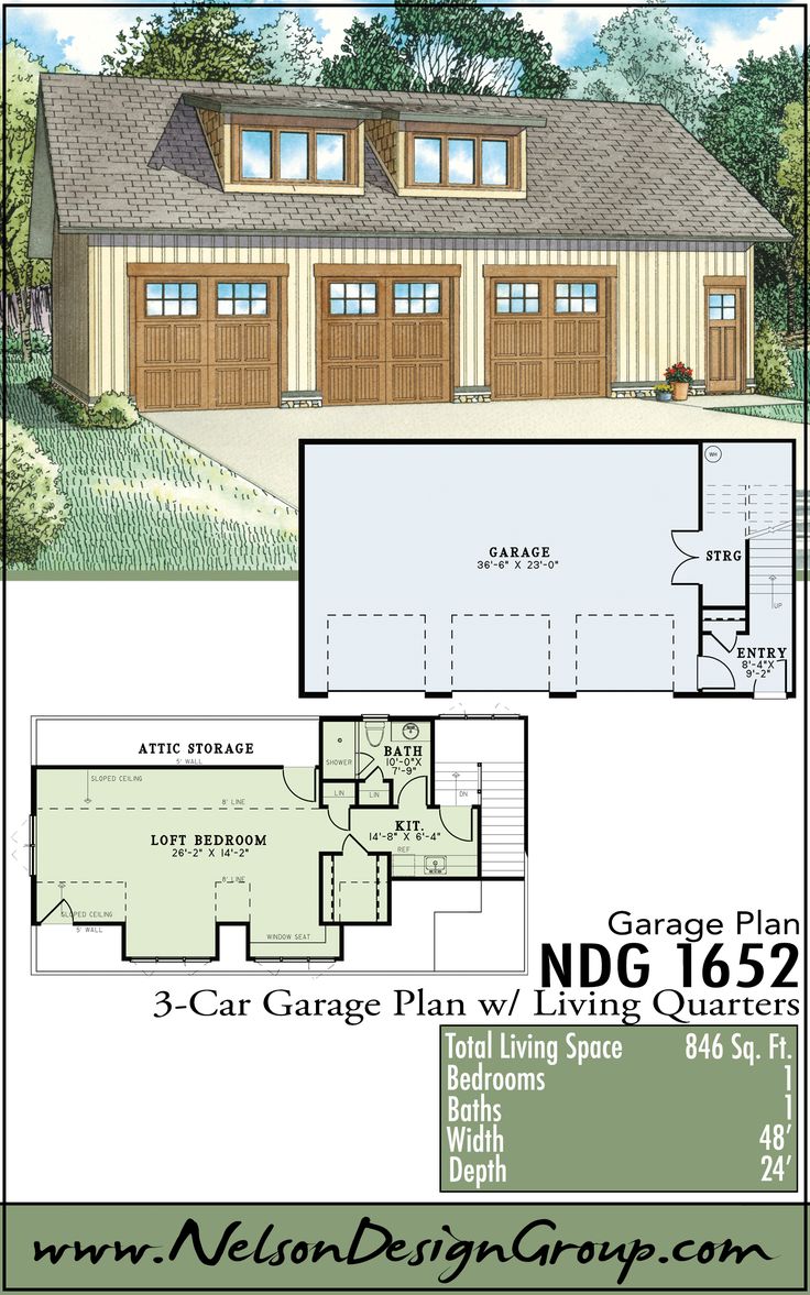 the floor plan for a two car garage with living quarters on each side and an attached porch