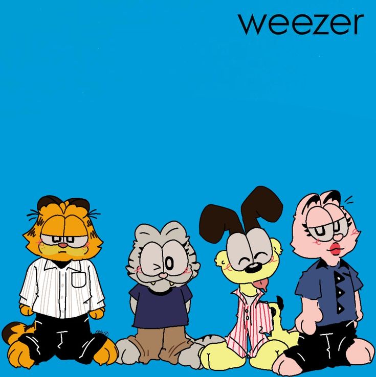 three cartoon characters sitting next to each other in front of a blue background with the words weezer on it