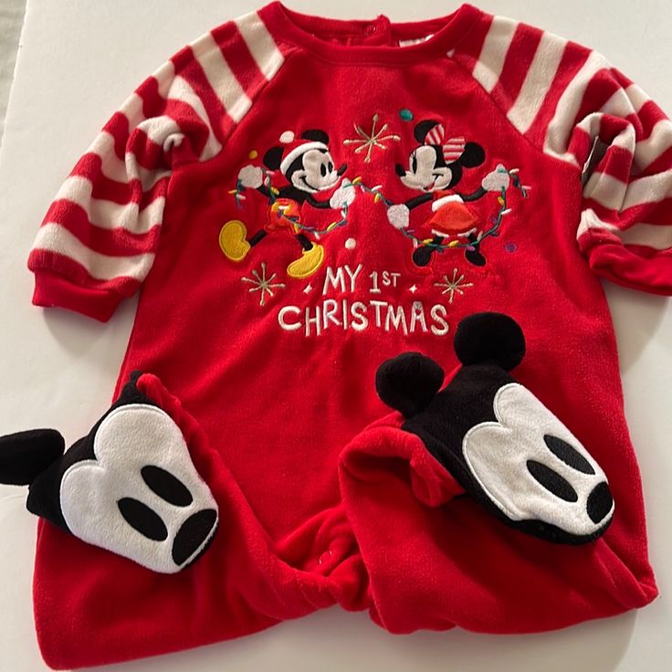 Mickey 1 St Christmas.Fleece One Piece See Red Spots On Mickeys Face Red Playful Winter Onesie, Playful Red Winter Onesie, Red Holiday Onesie For Winter, Red Onesie For Winter Holiday, Red Winter Onesie For Playtime, Red Onesie For Playtime In Winter, Strawberry Romper, Toddler Snowsuit, Fleece Outfit